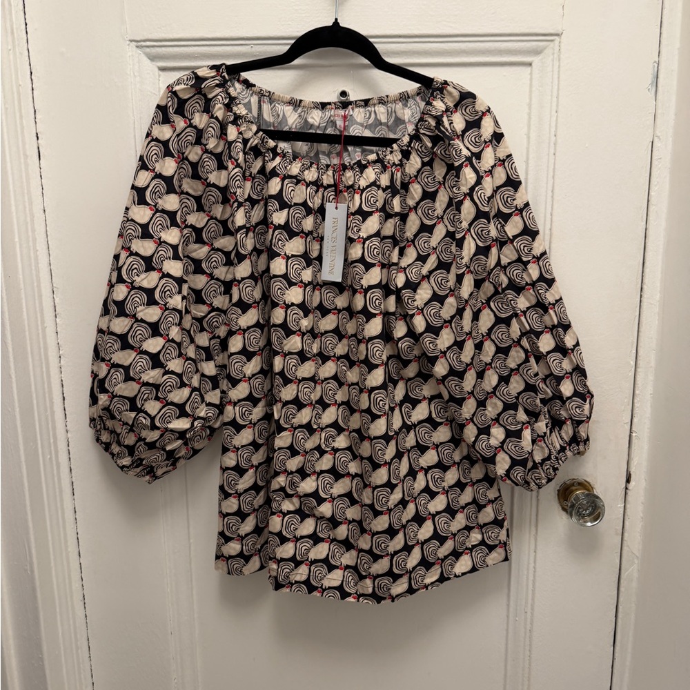 NWT FV Peasant Blouse with Print - Black & Cream with a hint of red